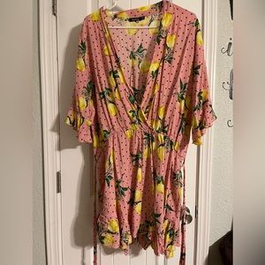 Boohoo curve lemon pink shorts romper with waist tie deep vneck